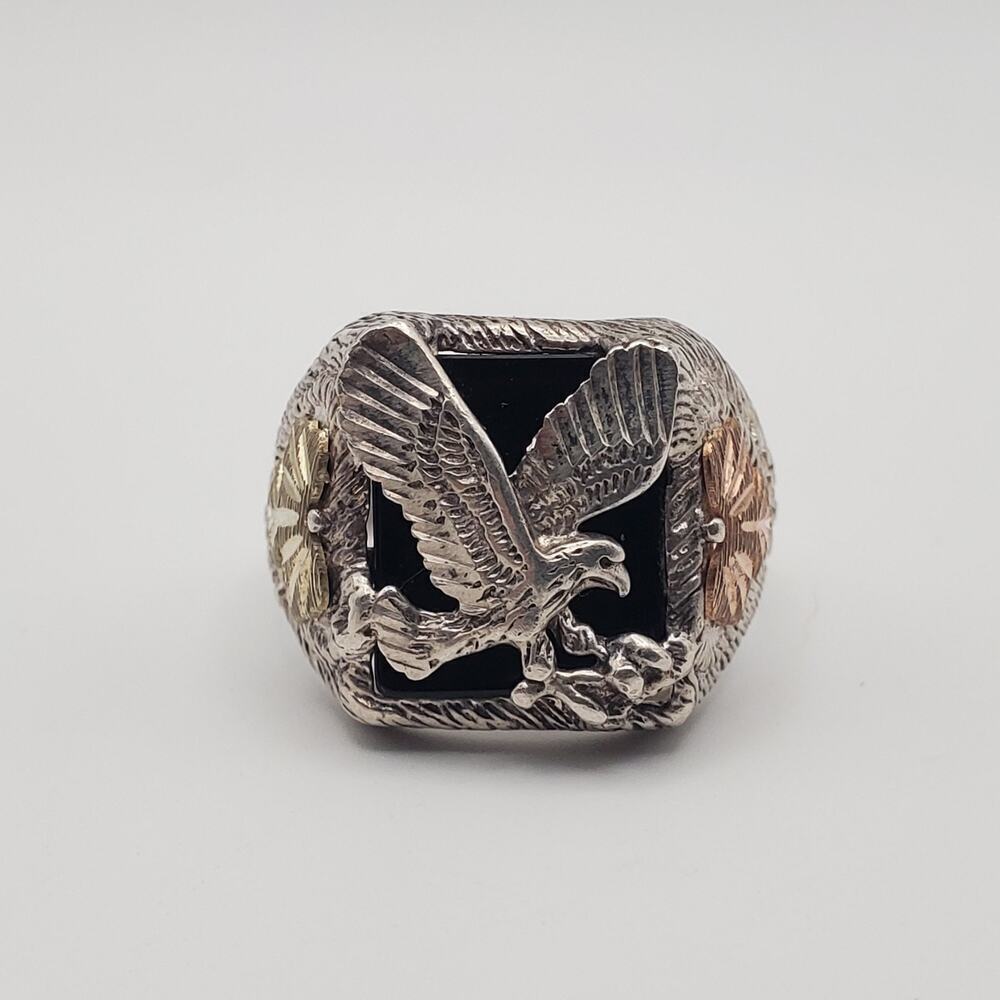 Black Hills Gold Men's Rectangle Onyx Eagle Ring Sterling Silver 10k Gold Sz 11